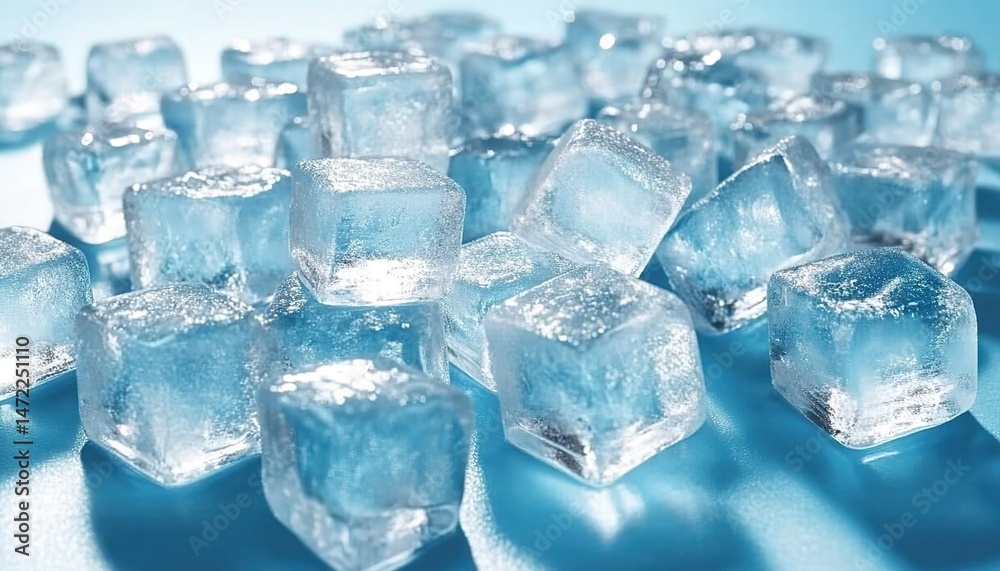 A close-up of a large number of blue ice cubes closely packed. A close-up of a large number of blue ice cubes closely packed.