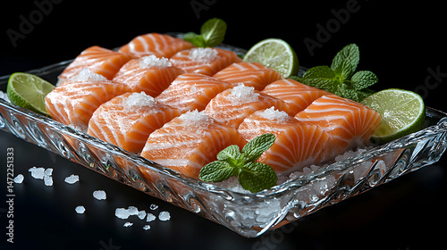 Fresh Salmon Slices with Lime and Mint on Ice for Culinary Presentation