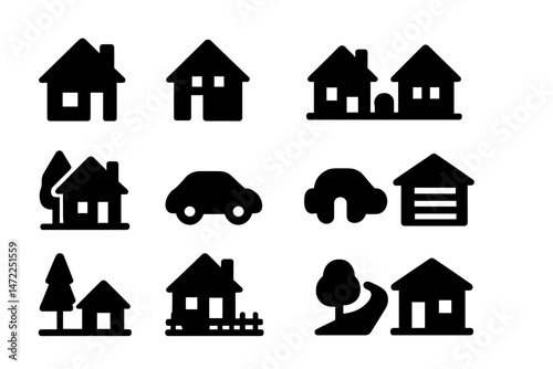 Vector icons representing various house types, vehicles, and trees in a cohesive black design for home-related themes