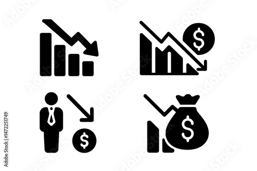 Business finance vector icons depicting loss, decline, and financial decrease in various representations for economic themes