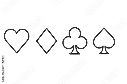 Vector icon set of playing card suits including hearts, diamonds, clubs, and spades in minimalist design style