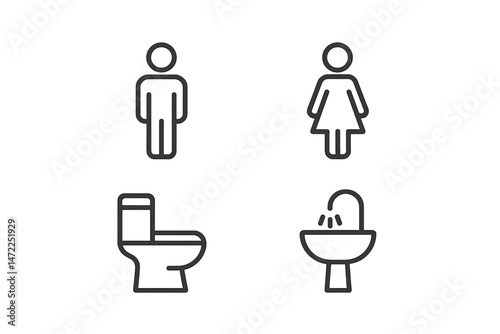 Stylized vector icons representing male and female figures, toilet, and sink in a restroom environment