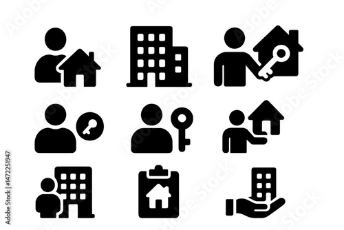 Vector icons illustrating real estate activities including home ownership and key management in urban settings