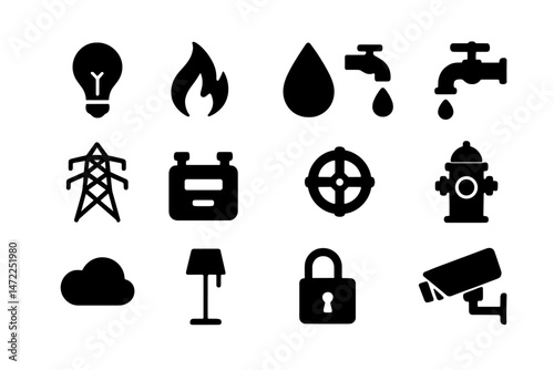 Vector icon set showcasing essential utilities and safety symbols in a modern design, ideal for digital projects and infographics