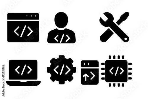 Vector icon collection depicting programming, coding, and software development tools and concepts for tech and coding enthusiasts