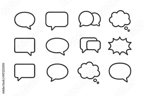 Vector icons of speech bubbles in various shapes and sizes for graphic design and communication purposes