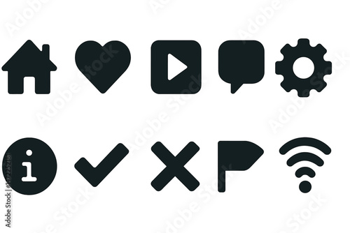 Vector icon collection featuring various common symbols for home, love, play, communication, settings, and information