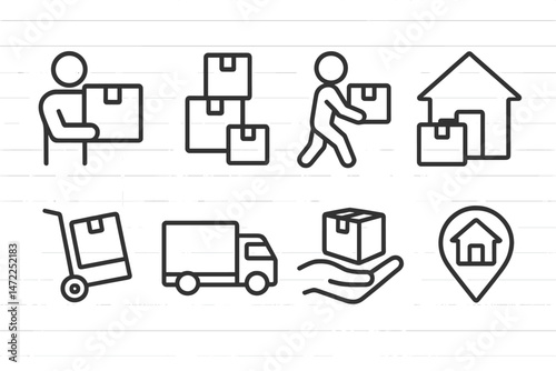 Icon set representing package handling and delivery activities in various stages of transport and receipt