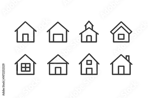 Vector icon set featuring multiple simple house designs and styles for use in various digital applications