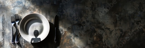 World eating disorders day concept with shadow of a spoon on plate. Mental disorder, anorexia, bulimia. Mental health problem. World Hunger Day. Copy space. Horizontal banner