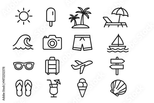 Vector icon collection representing summer activities and beach essentials for a fun vacation experience