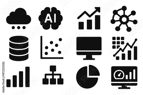 Vector icons representing data analysis, artificial intelligence, and data visualization in a modern digital context