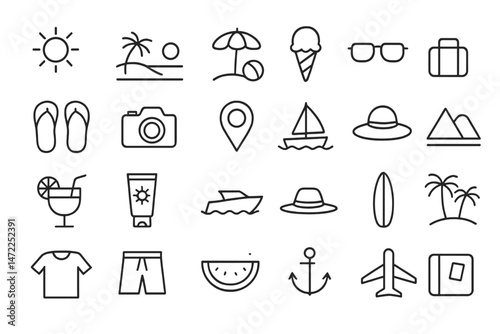 Summer vacation vector icons showcasing beach activities, travel essentials, and leisure items for a fun holiday experience