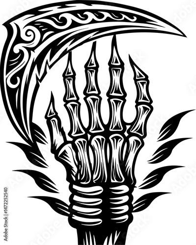 SVG vector of a dark fantasy armored skull warrior, clad in spiked armor. Muscular Armor Design with Intricate Skeleton and Curved Scythe Detail