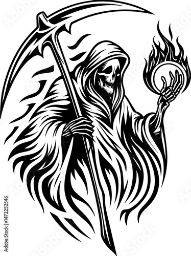 SVG vector of a dark fantasy armored skull warrior, clad in spiked armor. Grim Reaper with Scythe and Flame Holding a Circular Object