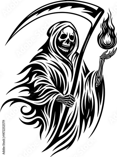 SVG vector of a dark fantasy armored skull warrior, clad in spiked armor. Dark Grim Reaper Figure with Flame in Arm and Intricate Patterns