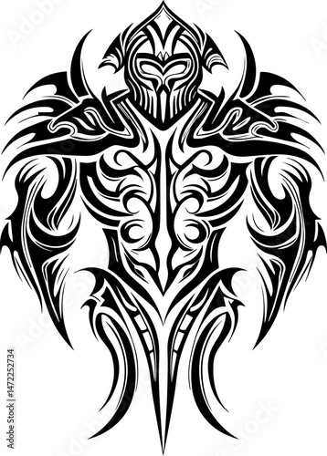 SVG vector of a dark fantasy armored skull warrior, clad in spiked armor. Intricate Armor Design with Muscular Form and Tribal Patterns