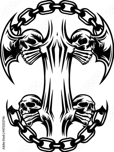 SVG vector of a dark fantasy armored skull warrior, clad in spiked armor. Dramatic Armor Design Featuring Muscular Form with Skull Elements