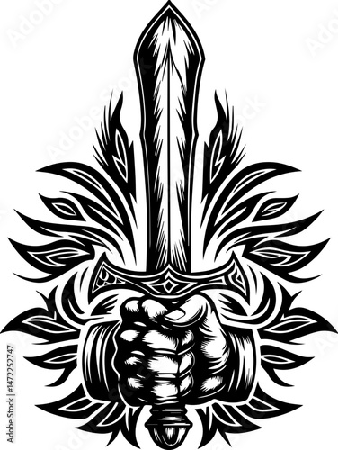 SVG vector of a dark fantasy armored skull warrior, clad in spiked armor. Intricate Sword Design with Ornamental Leaves and Bold Grip