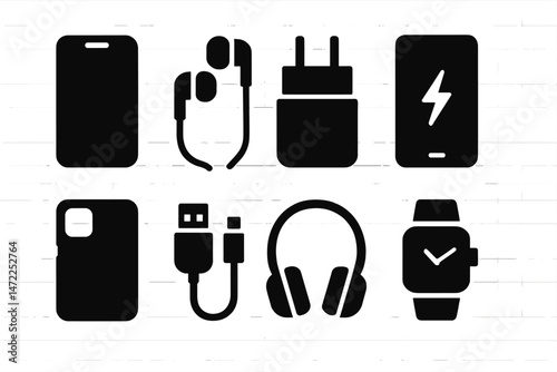 Icon set featuring essential tech accessories like smartphone, charger, headphones, and smartwatch in minimalistic vector style