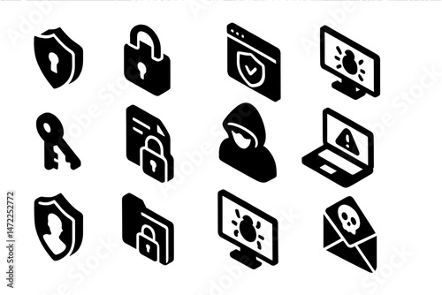 Vector icon collection depicting various cybersecurity elements and tools used to represent online protection and privacy measures