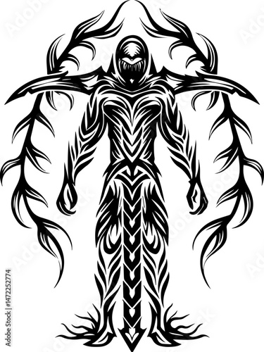 SVG vector of a dark fantasy armored skull warrior, clad in spiked armor. Muscular Armor Design with Intricate Tribal Patterns and Shapes