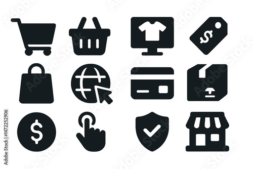 Vector icons representing various aspects of online shopping and e-commerce activities including carts, payment methods, and product displays