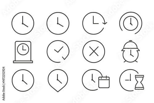 Collection of vector icons depicting various clock designs and time measurement symbols in minimalistic style