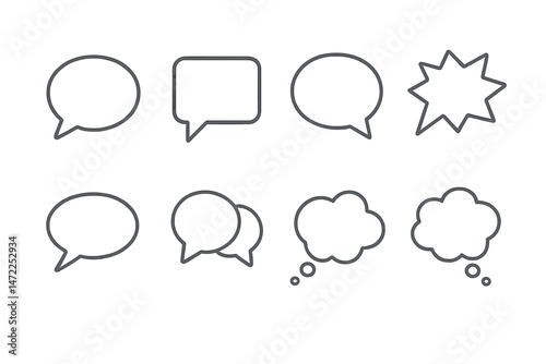 Vector icons representing speech bubbles, thought clouds, and action bursts designed for digital communication and graphic projects