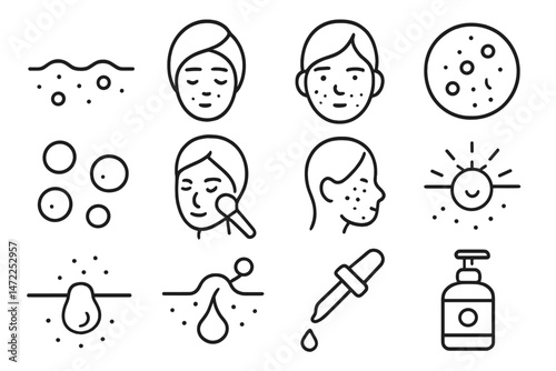 Vector icon collection illustrating skin care concepts including various skin conditions and treatments