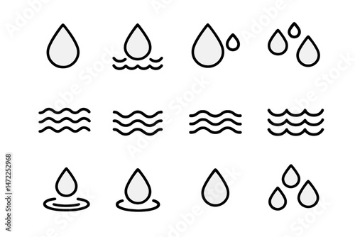 Various vector icons depicting water droplets and waves suitable for graphic design and web applications