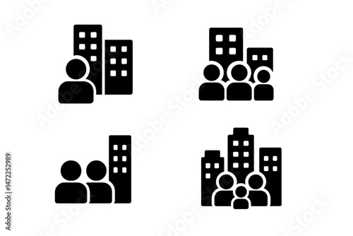 Vector icon collection featuring urban dwellers with buildings in a modern cityscape setting