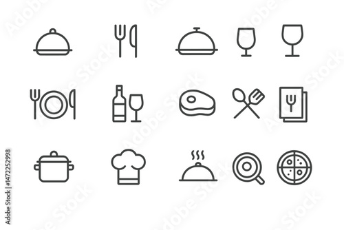 Collection of vector icons representing culinary tools and dining elements suitable for menus and food-related designs