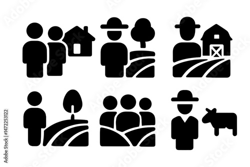 Icons representing rural life with community, farming, and nature elements in a simplified vector style