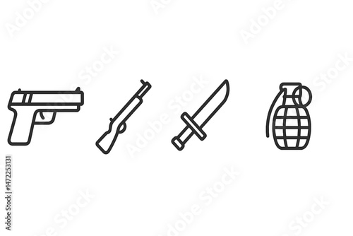 Vector icon set featuring various weapons including a handgun, rifle, knife, and grenade for graphic design purposes