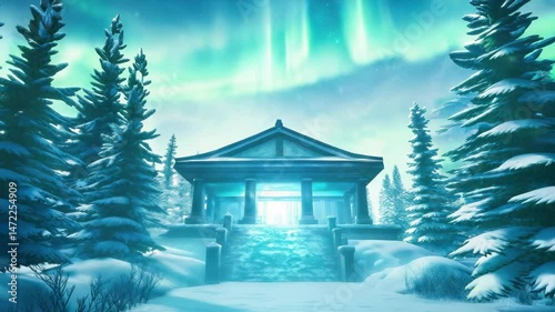 A grand temple stands amidst snowy pine trees under the glowing northern lights, creating a magical winter scene.