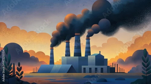 A factory with tall smokestacks releases thick black smoke into the sky, surrounded by stylized plants and a colorful sunset.