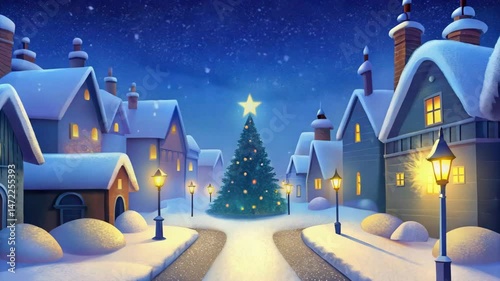 A snowy village street at night with a decorated Christmas tree and glowing street lamps.