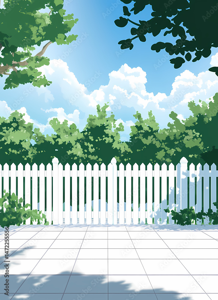 Obraz premium Summer Day Backyard Scene with White Fence
