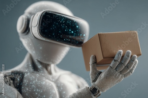 Futuristic 3d robot wearing a vr headset and holding a package, blending advanced drone tech with digital delivery innovation.
