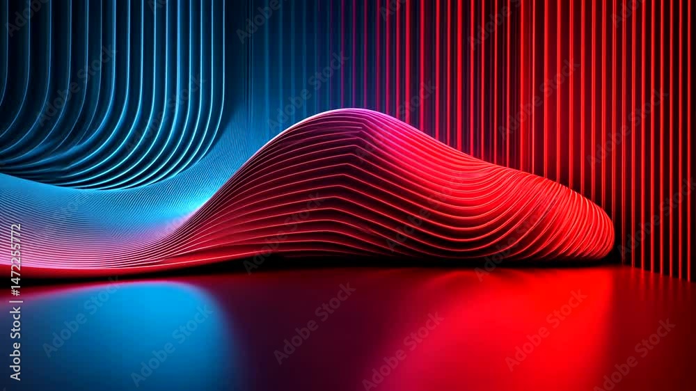 A dynamic, abstract composition of glowing red and blue parallel lines forming a wave-like structure over a reflective surface