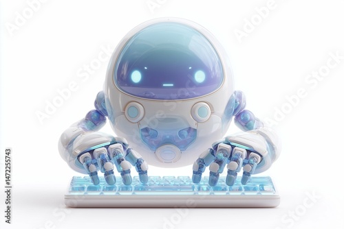 Futuristic 3D robot with blue floating hands typing on a digital keyboard in a minimal setting, blending technology and innovation.








