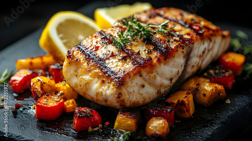 Grilled Fish Steak with Lemon and Colorful Vegetables on Slate