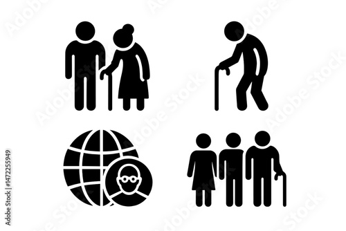 Vector icons depicting elderly people interacting and global connections through community and care