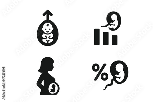 Collection of vector icons representing pregnancy, fetal development, and statistical growth related to gestation stages