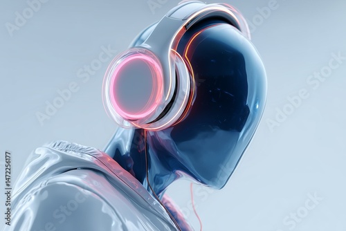 Futuristic 3D abstract robot with minimal design wearing glowing earphones, showcasing sleek technology and modern audio innovation.

