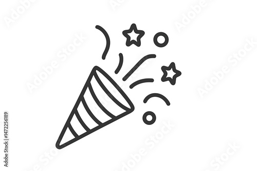 Vector icon of a party horn with colorful confetti and stars celebrating a festive event or occasion