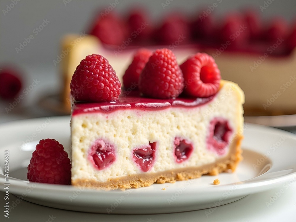 A decadent slice of raspberry white chocolate cheesecake with a buttery crust, creamy cheesecake filling A decadent slice of raspberry white chocolate cheesecake with a buttery crust, creamy cheesecake filling