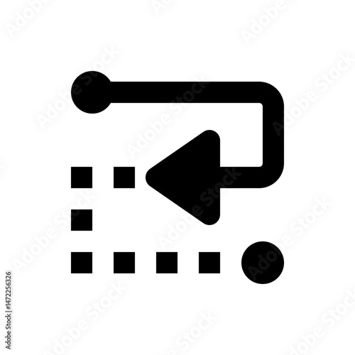 Black arrow looping back with a rounded corner above a grid of squares and a circle on a white background