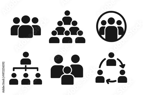 Vector icons depicting various group formations and interactions in black silhouette style